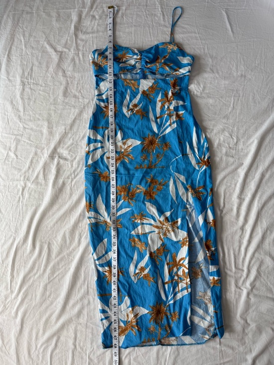 Zara Blue Tropical Palm Print Midi Dress Size M Spaghetti Strap Ruched Bust - Picture 6 of 10
